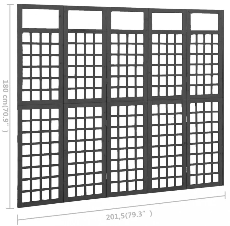 5 paneles fekete fenyőfa térelválasztó/lugasrács 201,5 x 180 cm
