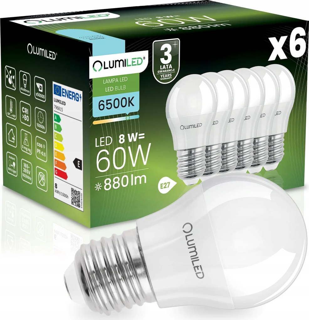 6x Led izzó E27 Golyó P45 8W 60W 880lm 6500K Hideg 180° Lumiled