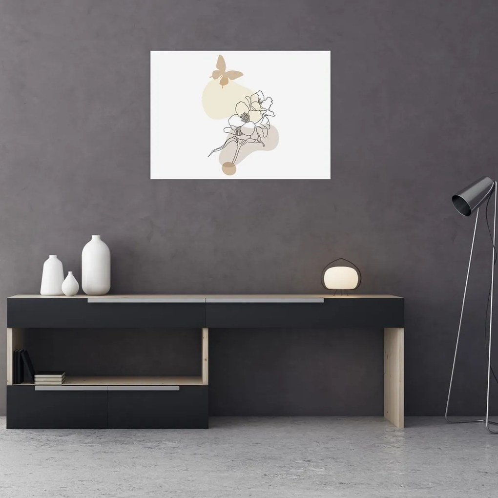 Üveg kép - Bézs virágok pillangóval N⁰3 (70x50 cm)