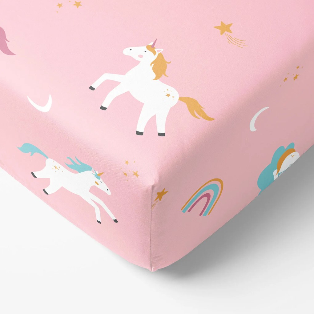 Goldea gyermek pamut gumis lepedő - vidám egyszarvúak 80 x 160 cm