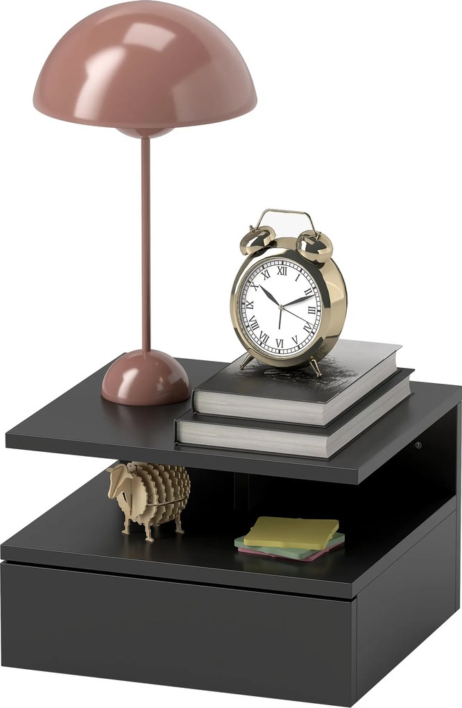 HOMCOM Fali Éjjeliszekrény Hálószobához, Modern Éjjeliszekrény, Fiókkal és Felső Polccal, Fa, 35x32x22.5cm, Fekete | Aosom