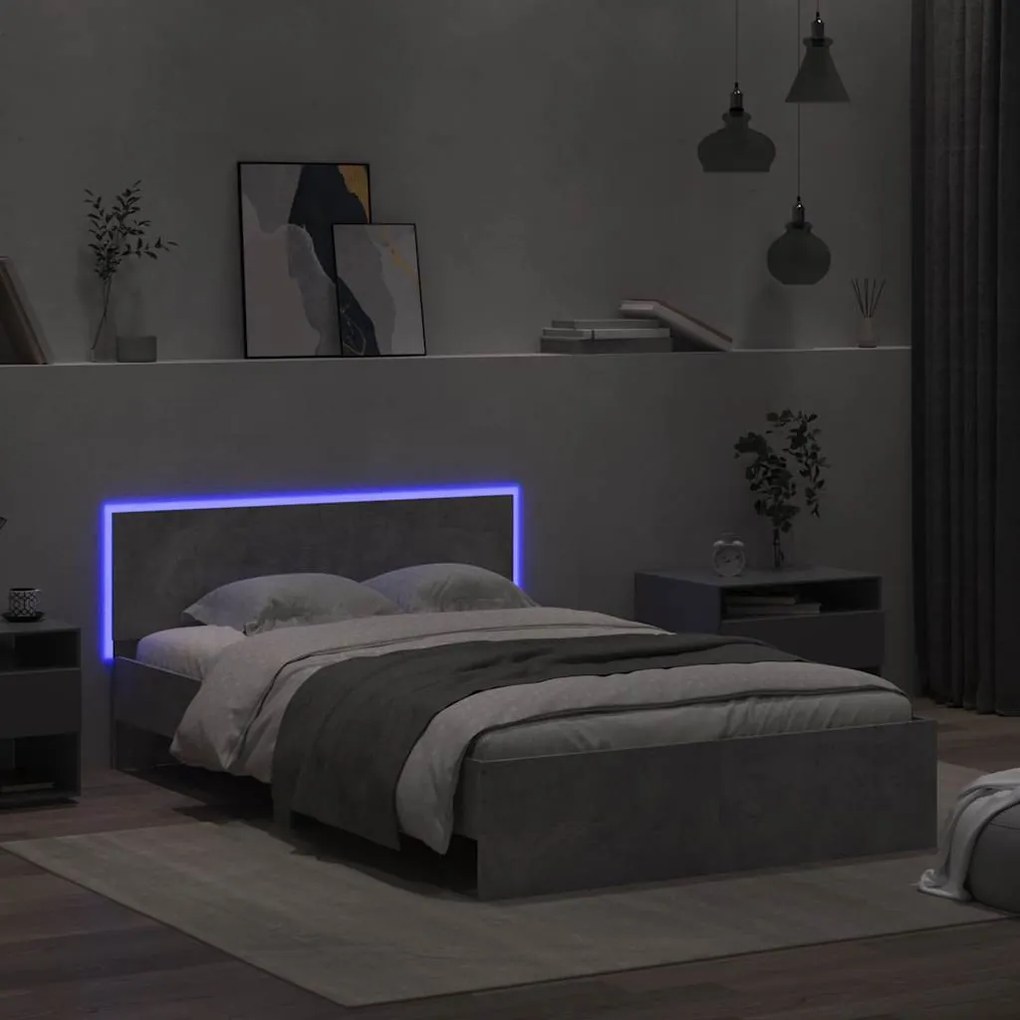 betonszürke ágykeret fejtámlával és LED-del 135x190 cm