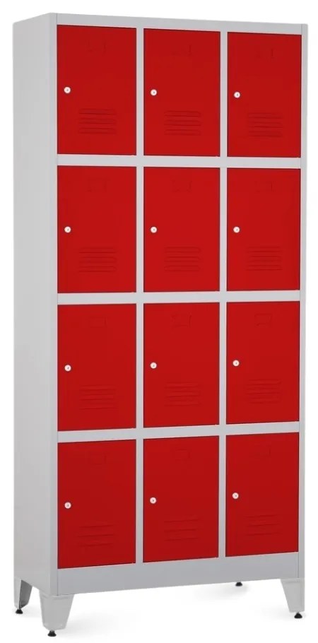 Fém szekrény - 12 doboz, 90 x 40 x 196,5 cm, helyreigazítással, hengerzár, piros - ral 3000