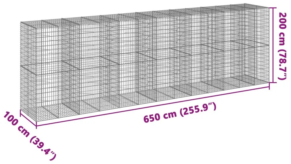 horganyzott vas gabion kosár fedéllel 650 x 100 x 200 cm