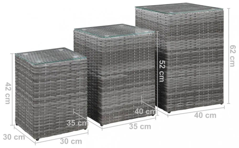 3 db szürke polyrattan kisasztal üveg asztallappal