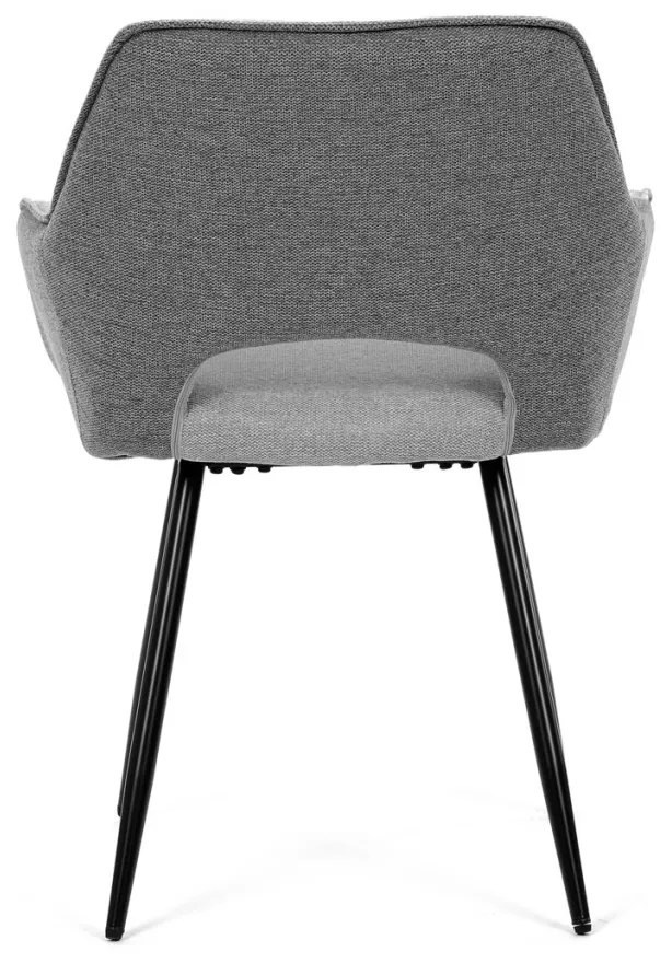 Scaun de sufragerie modern, în stil industrial, tapițerie din material gri, picioare din metal negru.