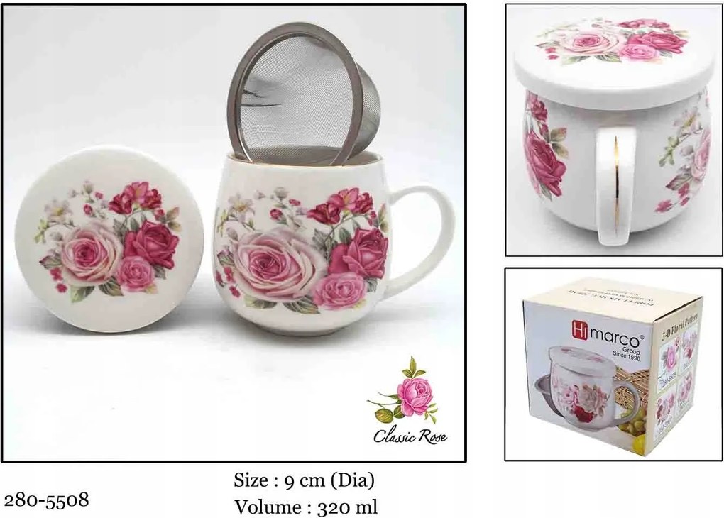 Porcelán teásbögre fedő virágszűrő 320 ml
