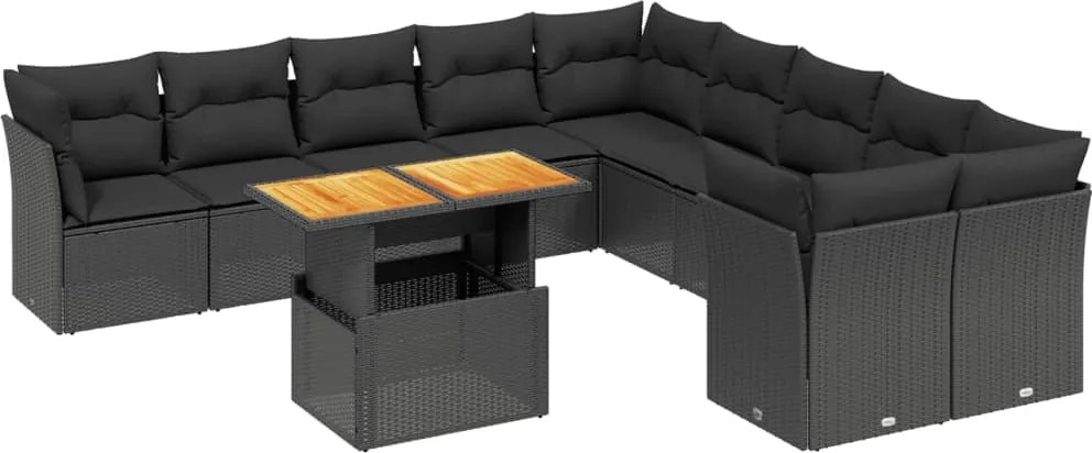 vidaXL 11 részes fekete polyrattan kerti ülőgarnitúra párnákkal