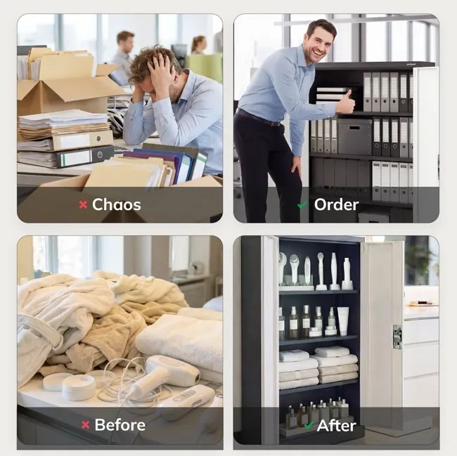 Alacsony, antracit-fehér fém irodai szekrény 3 polccal, 900x1400x400 mm: KEVIN
