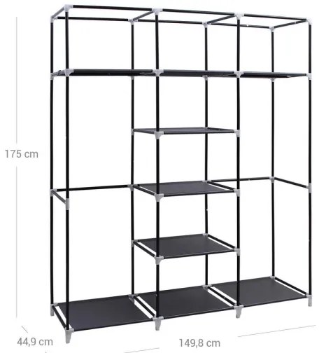 Textil gardrób polcokkal és ruhatartó rúddal MATIS 150x175 cm fekete