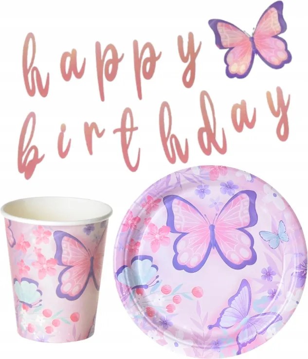 Szülinapi bögre szett tányér 18cm banner pillangók Pillangók