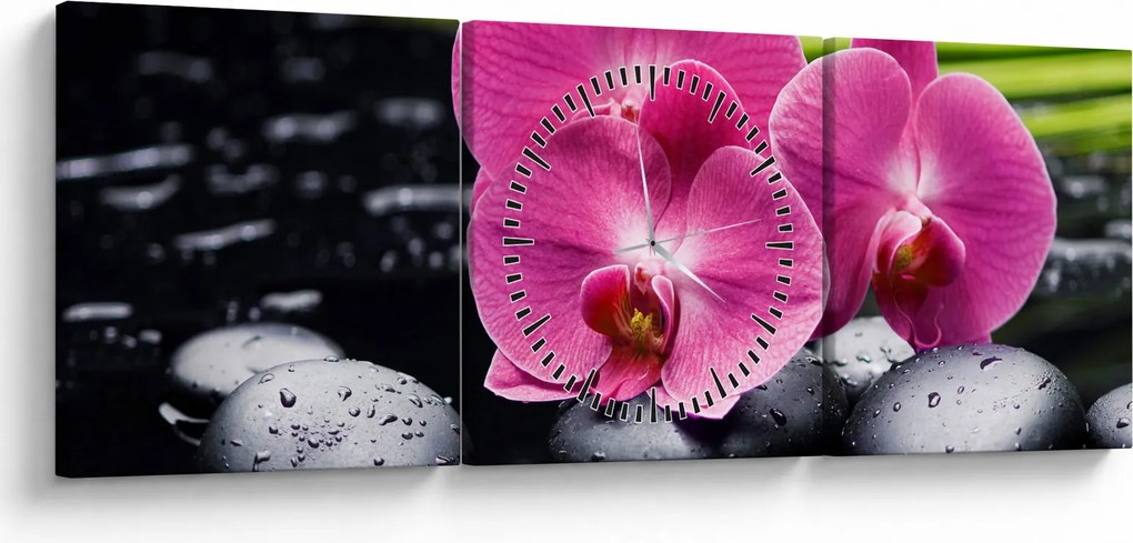 Kép - Rózsaszín orchidea pálmalevéllel (órával) (90x30 cm)