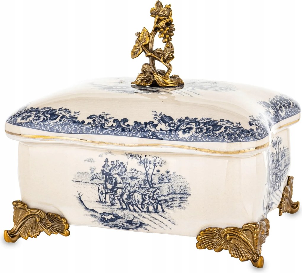 Palota ékszerdoboz Retro kerámia öregített fehér kék arany patera