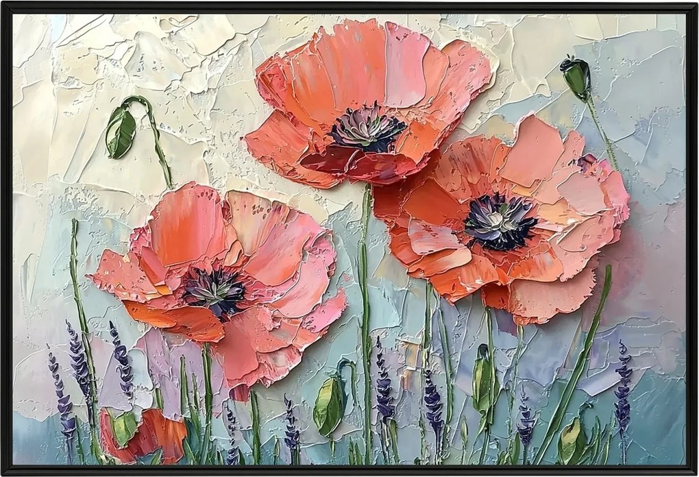 Poszter Keret Alumínium Természet Virágok Piros Pipacs Olaj Impasto 60x40