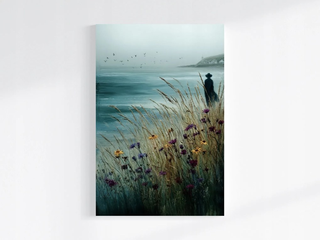 Vászonkép Canvas Tájkép Tenger Part Hullámok Virágok Fű Figura 80x120