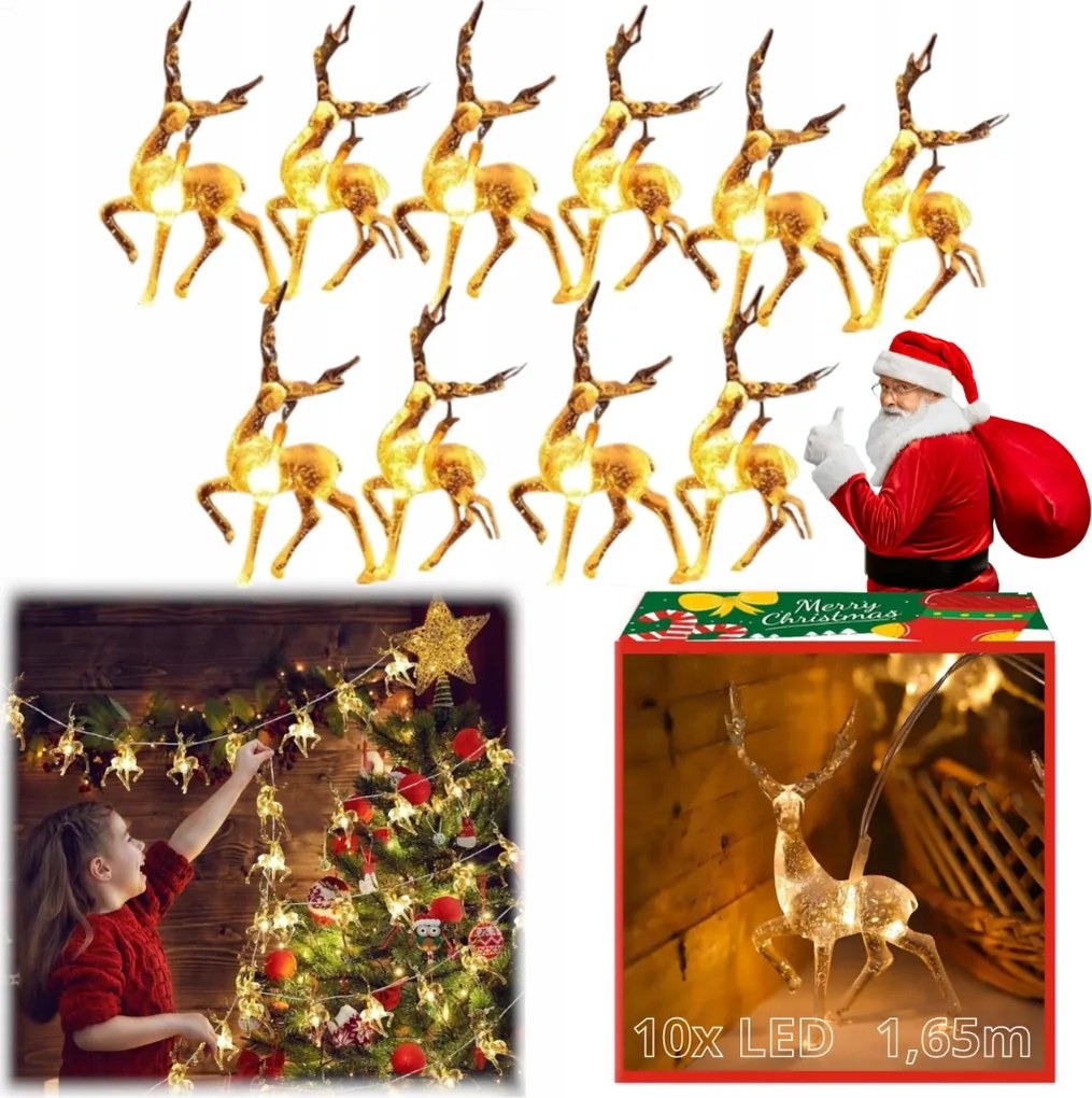 LED-es Rénszarvas Elemes Lámpák Karácsonyi Girland Meleg Fehér 1,65m