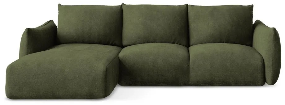 Zöld zsenília kinyitható sarokkanapé (bal oldali-heverő résszel) Leila – Makamii