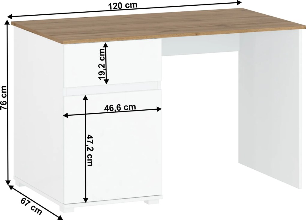 Számítógépasztal 1D1S/120, fényes fehér/wotan tölgy, VILGO