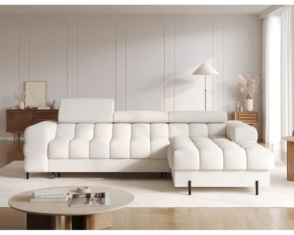 Krémszínű buklé kinyitható-tárolóhelyes sarokkanapé (jobb oldali-heverő résszel) Felro – ELTAP