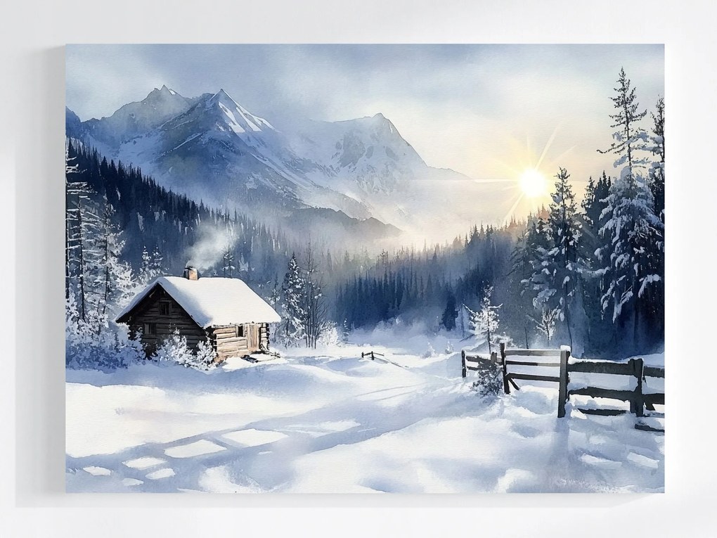 Vászonkép Canvas Tájkép Tél Hó Hófúvás Hegyek Kunyhó Nap 100x75