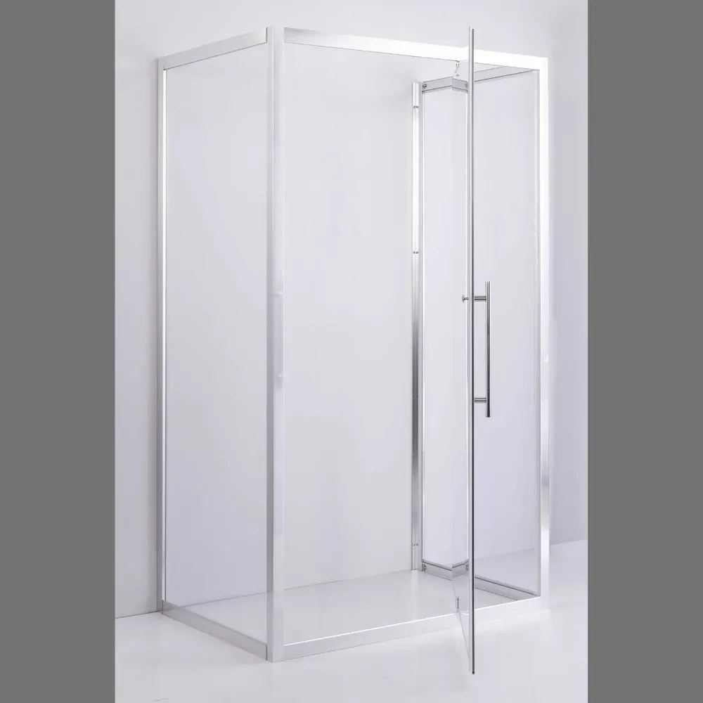 Stuxi Torino 110x90 falsíkra szerelhető 3 oldalú nyílóajtós zuhanykabin 6 mm vízlepergető biztonsági üveggel, króm elemekkel, 200 cm magas