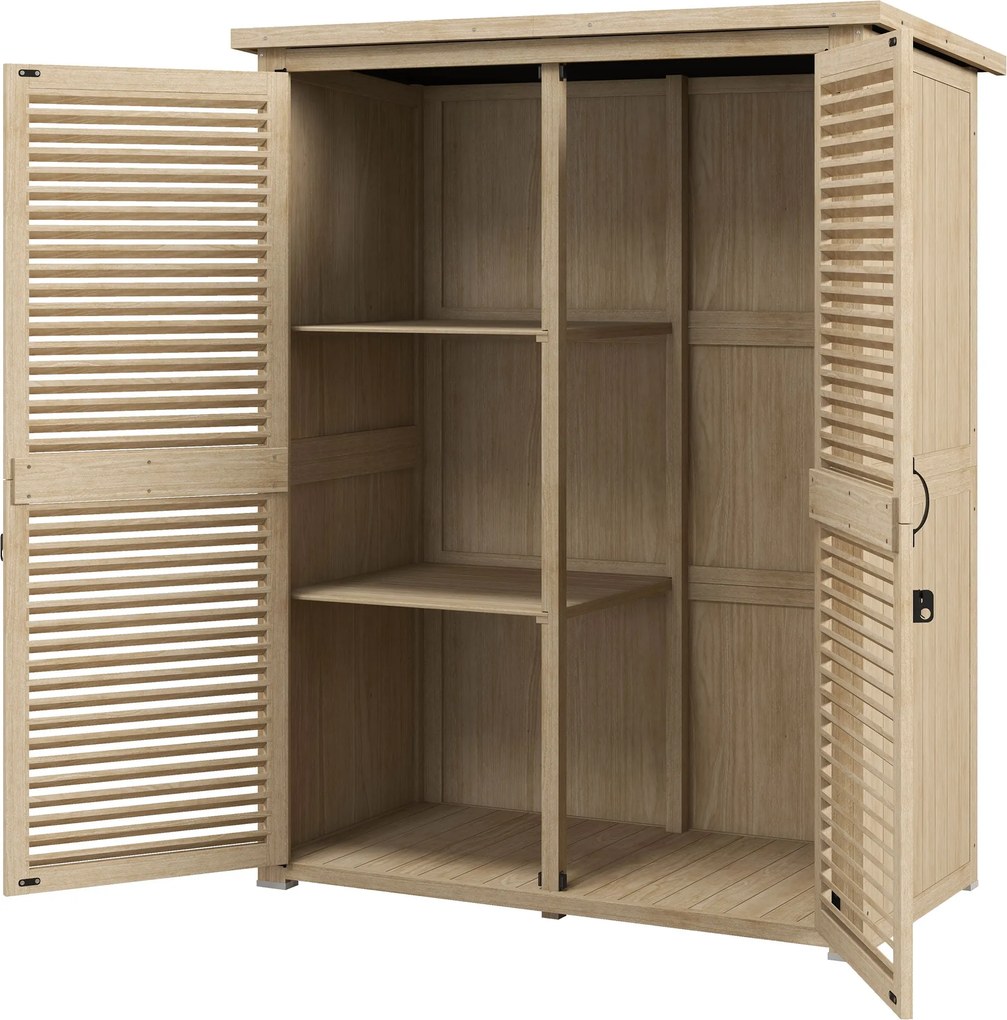 Outsunny Fa Kerti Szekrény 0.83 m² 127x65x168 cm Kültéri Fa Szekrény 2 Zárható Ajtóval, 2 Polccal, 2 Fogantyúval és Vízálló Tetővel a Kertbe Természet