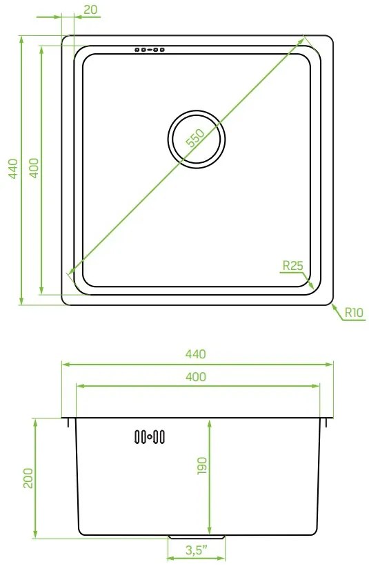 Laveo Aden, 1 kamrás rozsdamentes mosogató 440x440x200 mm, acél, LAV-SLA_010P