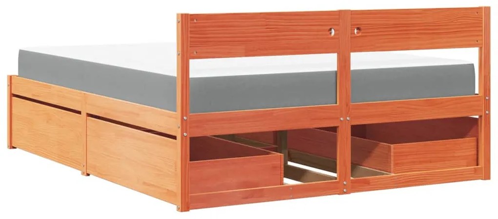 viaszbarna tömör fenyőfa ágy fiókokkal és matraccal 140x200 cm