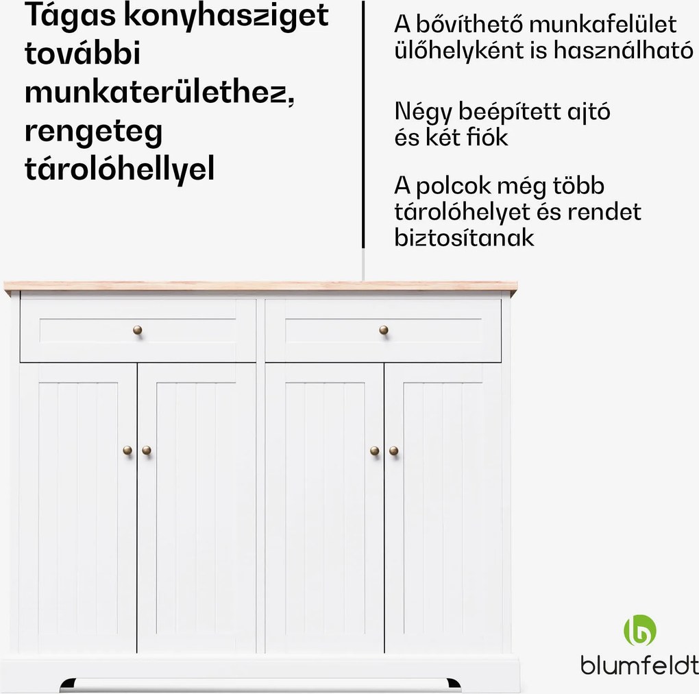 Blumfeldt Etsu, konyhasziget, kihúzható munkalap, 2 fiók, 4 ajtó, étkezőasztalként is használható, tárolóhely, könnyen tisztítható