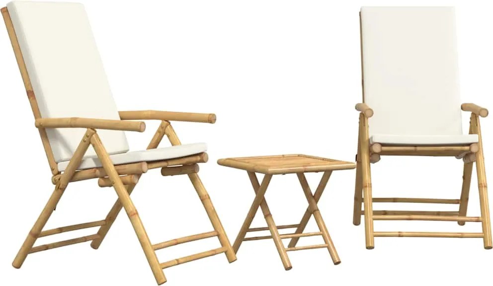 vidaXL 3 db bambusz összecsukható bisztrószett krémfehér párnával