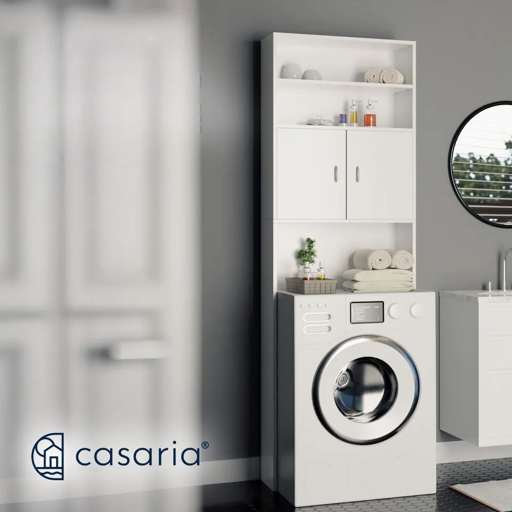 SILKE mosógép fölé helyezhető magas szekrény, 185×63×20 cm, fehér Casaria