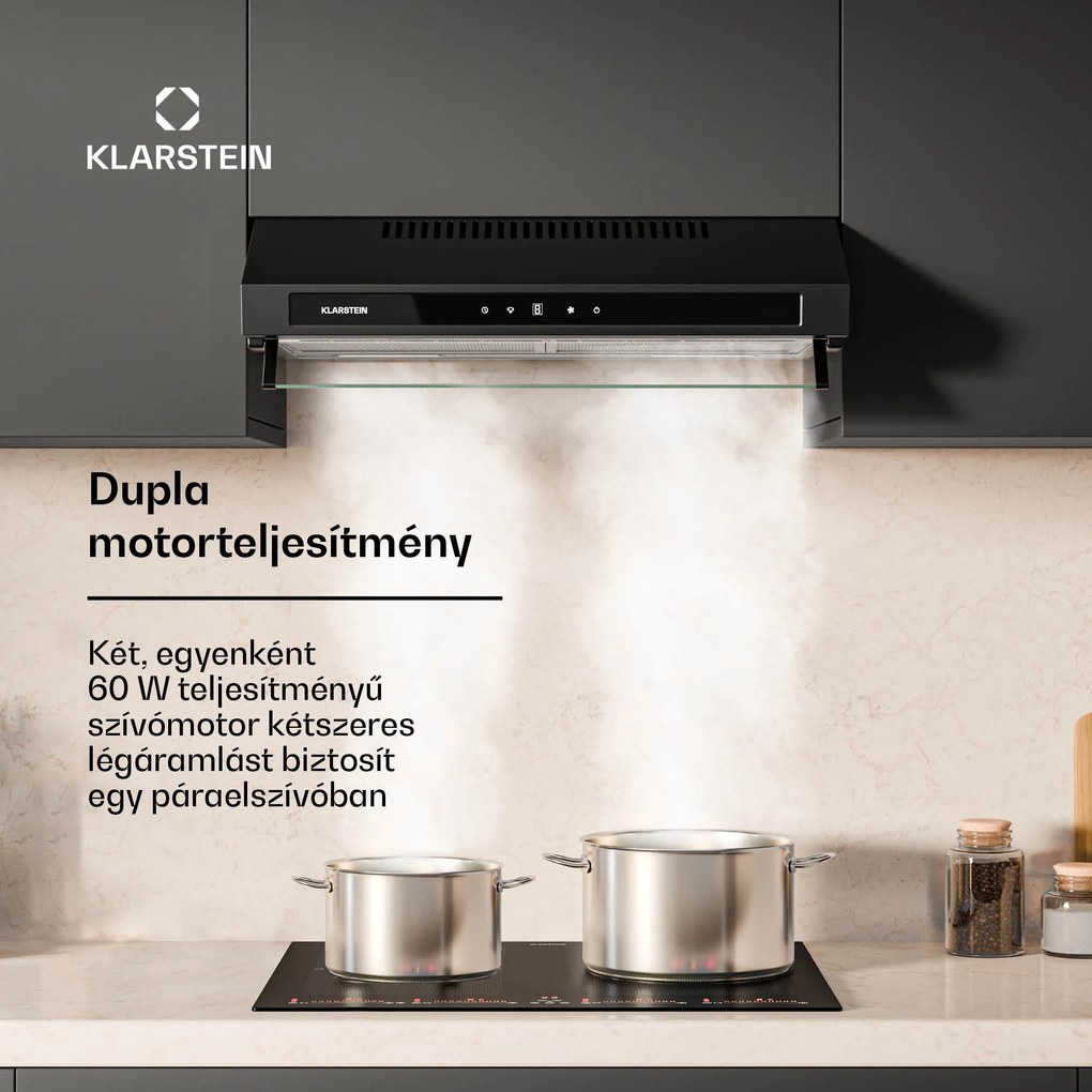 Klarstein Purista Force motorháztető, Kompakt, 384,8 m³/h, EEK C, Kétmotoros technológia