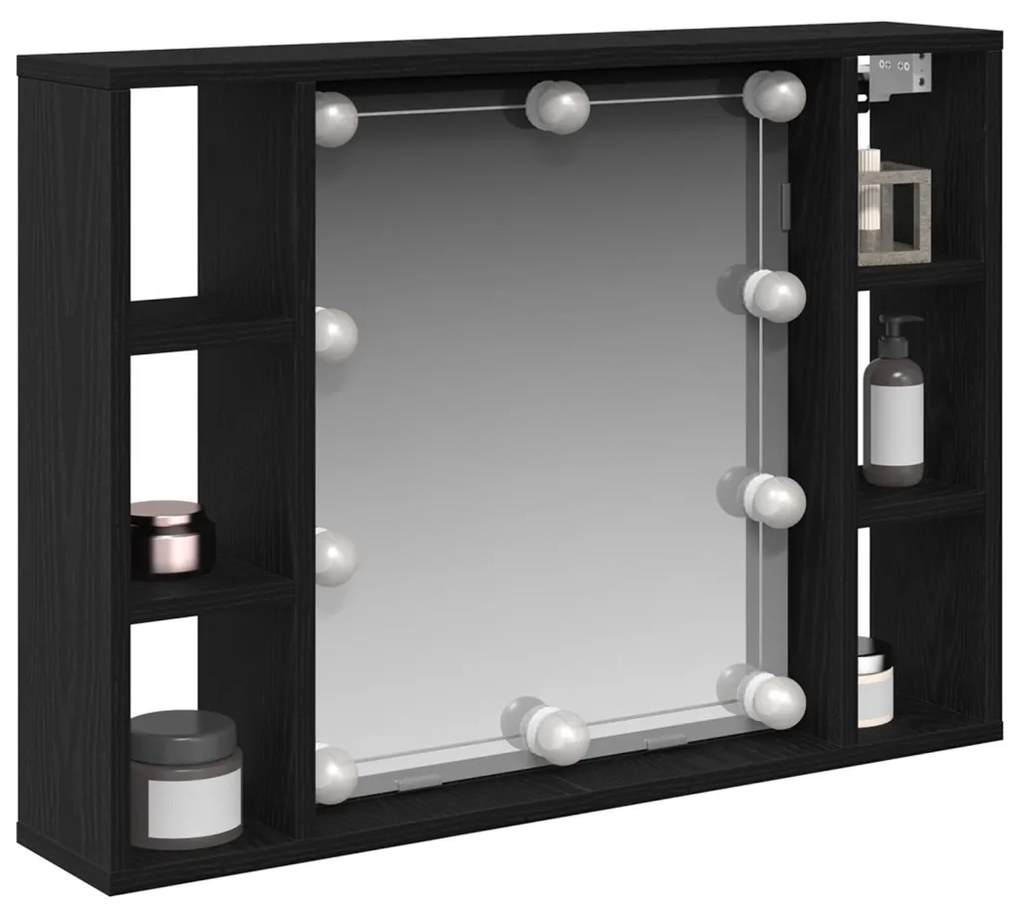 LED Tükör Szekrény - Fekete Tölgy - 76x15x55 cm - Mesterséges Fa