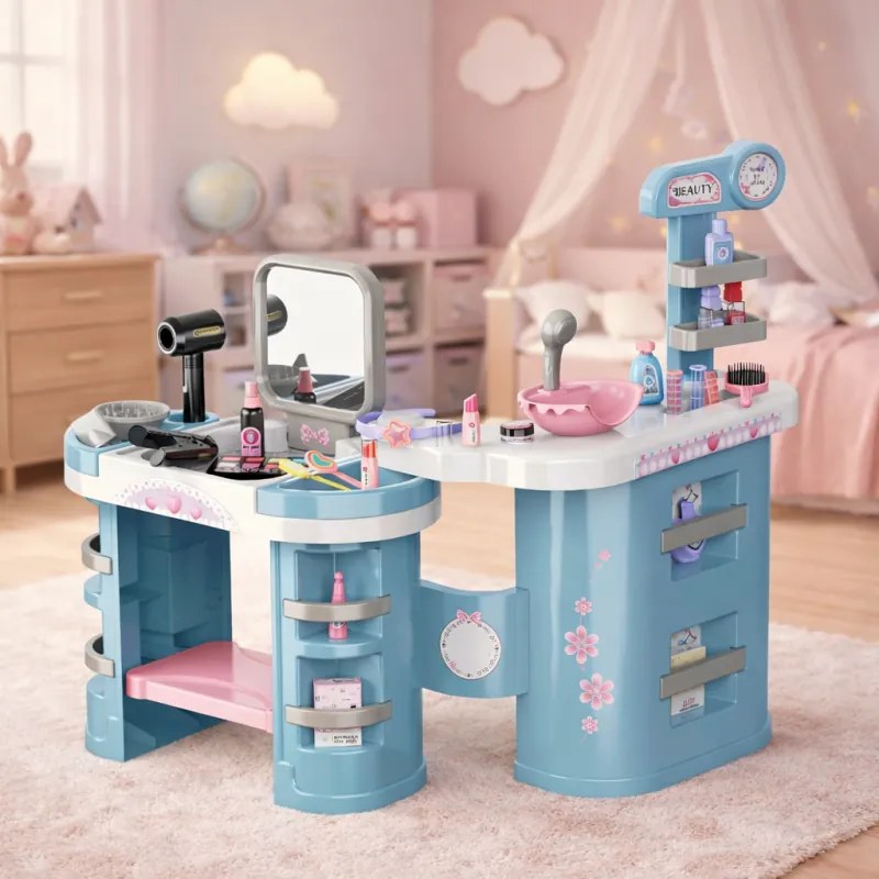 Játék fodrászállomás, elektromos hajszárítóval és hajvasalóval, tükörrel, sminkkiegészítőkkel, több tárolópolccal