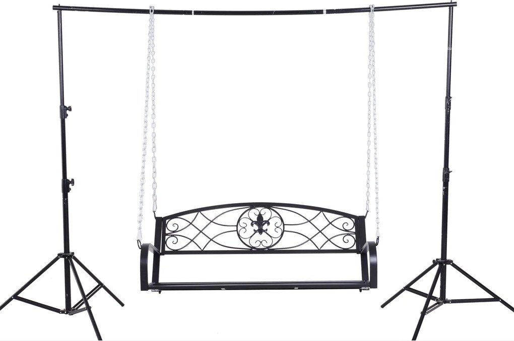 Outsunny Kétfős Függő Pad Kerti Hinta Pad Hollywood Hinta Felfüggesztett Pad Láncokkal Fém Fekete 132 x 63 x 58 cm | Aosom