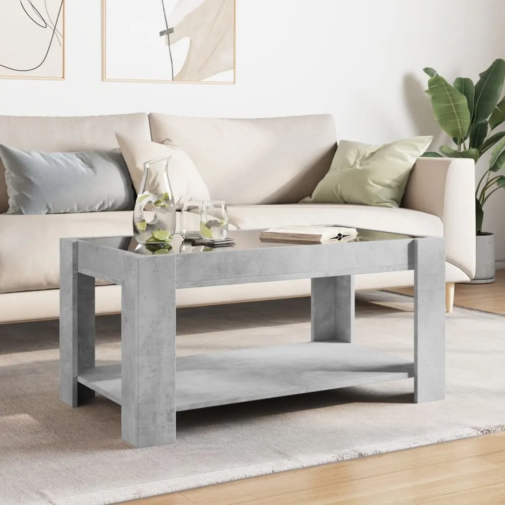 Betonszürke szerelt fa dohányzóasztal LED-del 93 x 53 x 45 cm