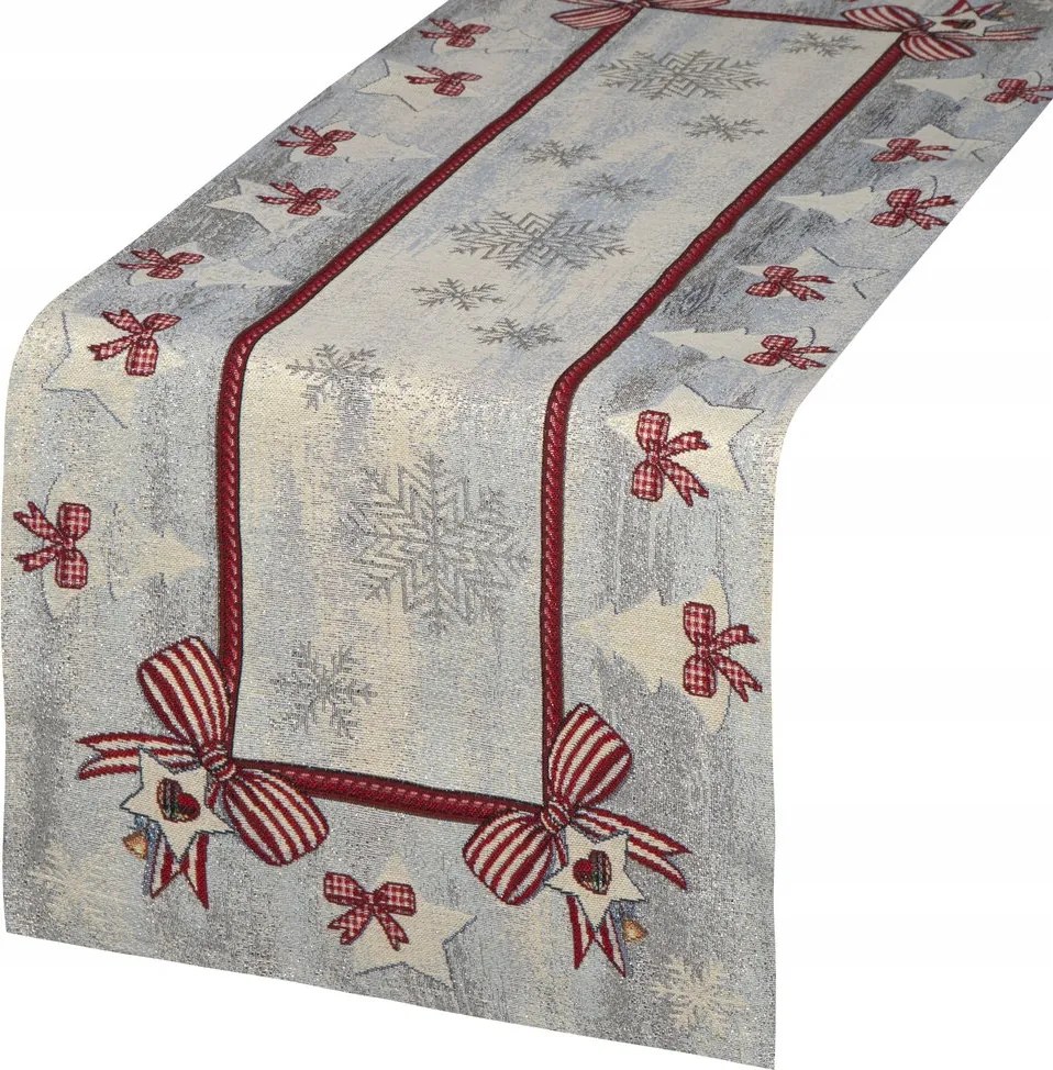 Karácsonyi gobelin futó 40x100 hamu piros-ezüst masnis hópehely