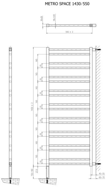 Sapho - Fürdőszobai radiátor METRO SPACE 525 W/230 V 55 x 143 cm matt fekete
