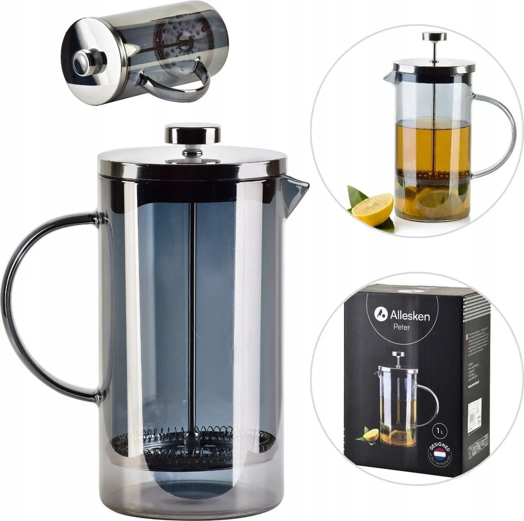 Teafőző Kancsó Dugattyúval 1L Füstölt Szürke Üveg Kávé Gyógynövény Tea