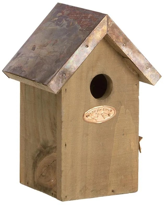 Fa madárház ökörszemnek, rézlemez tetővel, 20 cm
