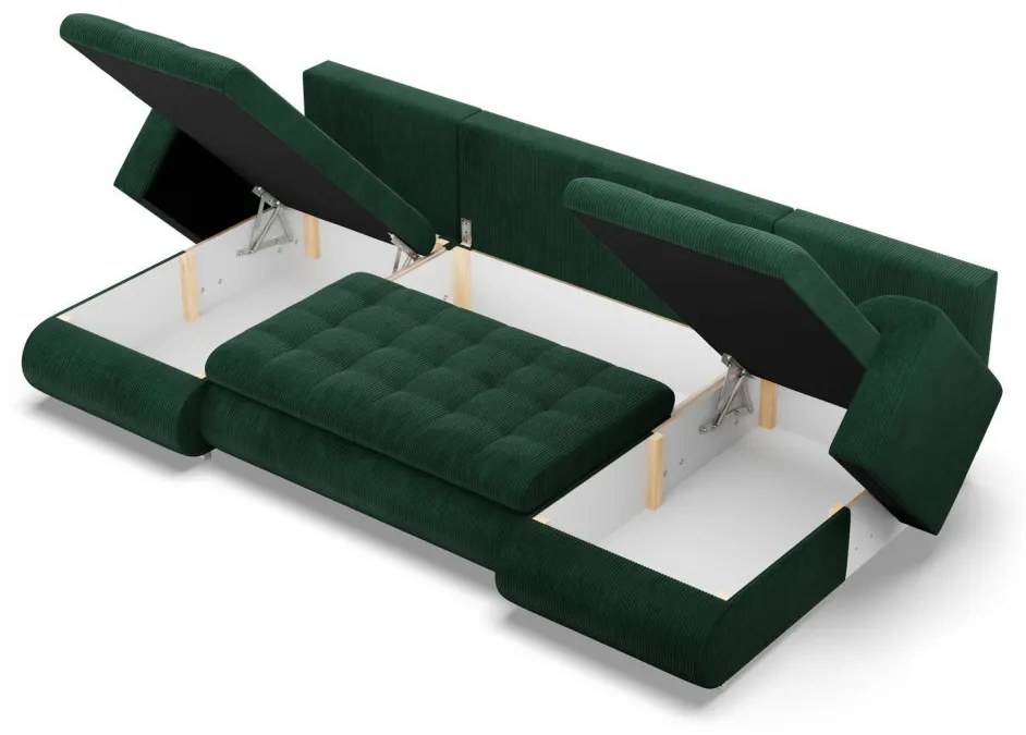 Tokio U alakú sarokkanapé, 3 ágyneműtartóval, kordbársony, univerzális oldal, zöld