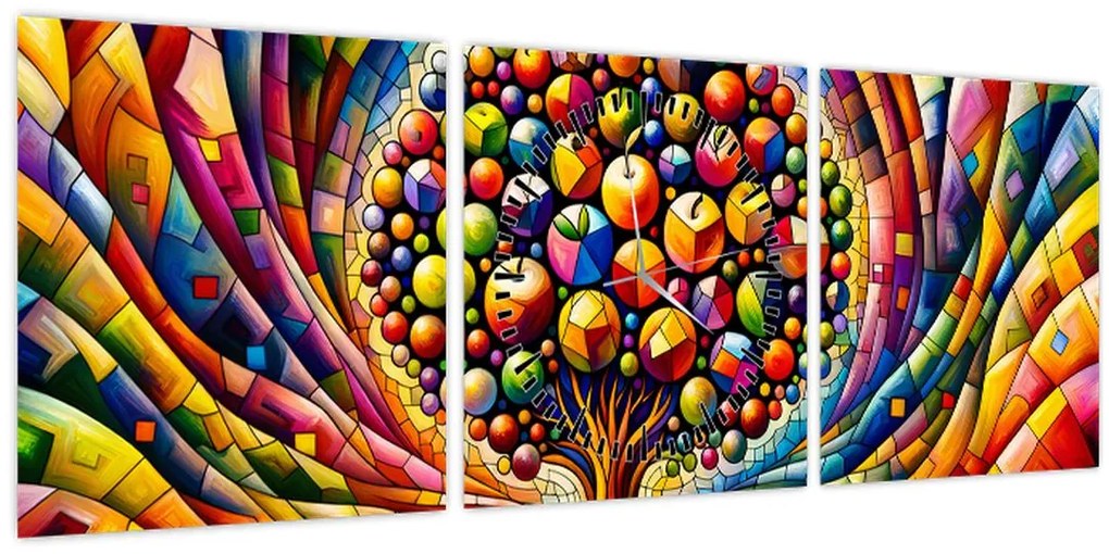 Kép – Színes fa almákkal (órával) (90x30 cm)