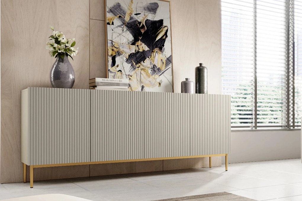 Nicole komód 200 cm négyajtós, bordázott előlap - kasmír / arany lábak