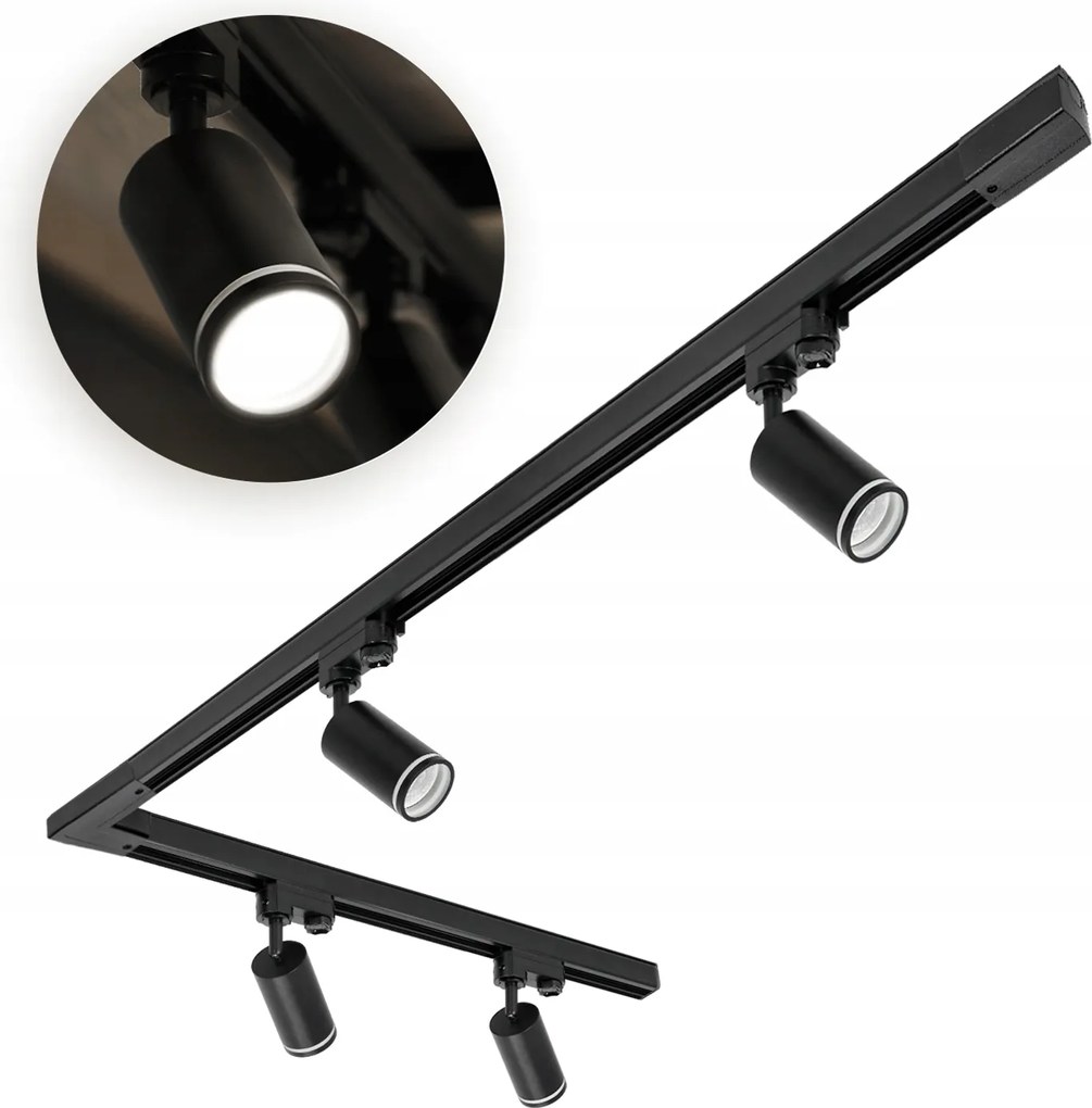 Sín szett 3 Fázisú 4x GU10 lámpa Sín 1m+2m Csatlakozó L Fekete