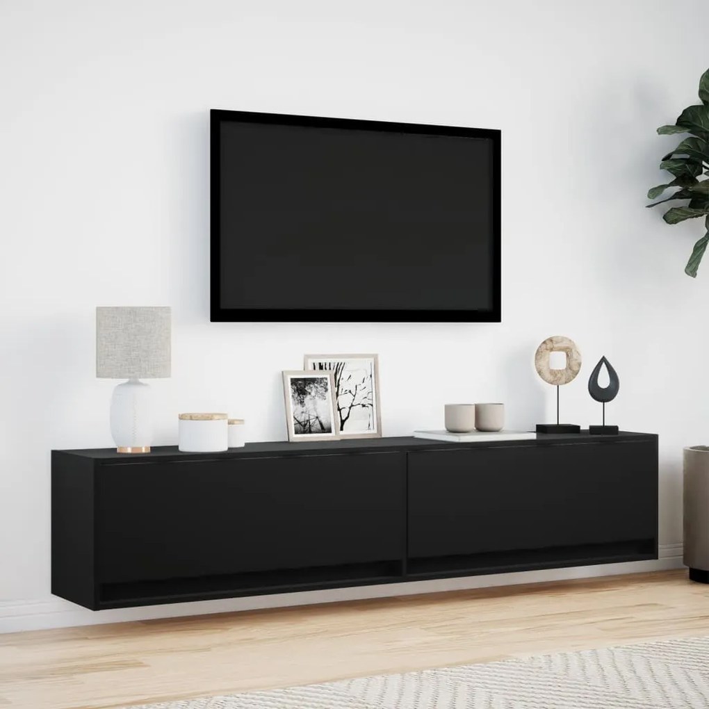 fekete falra szerelhető TV-szekrény LED-del 180 x 31 x 38 cm
