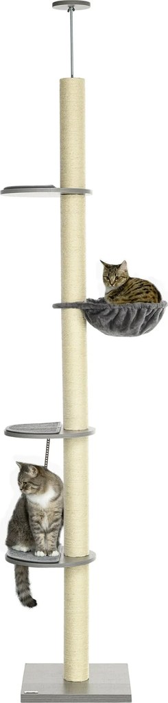 PawHut Macska Mászófa, Földtől a Mennyezetig Érő Kaparófával, 230-250 cm, Mászófa Hálószövettel, Állítható Magasságú Macska Mászófa, Játékfa Dőlést Me