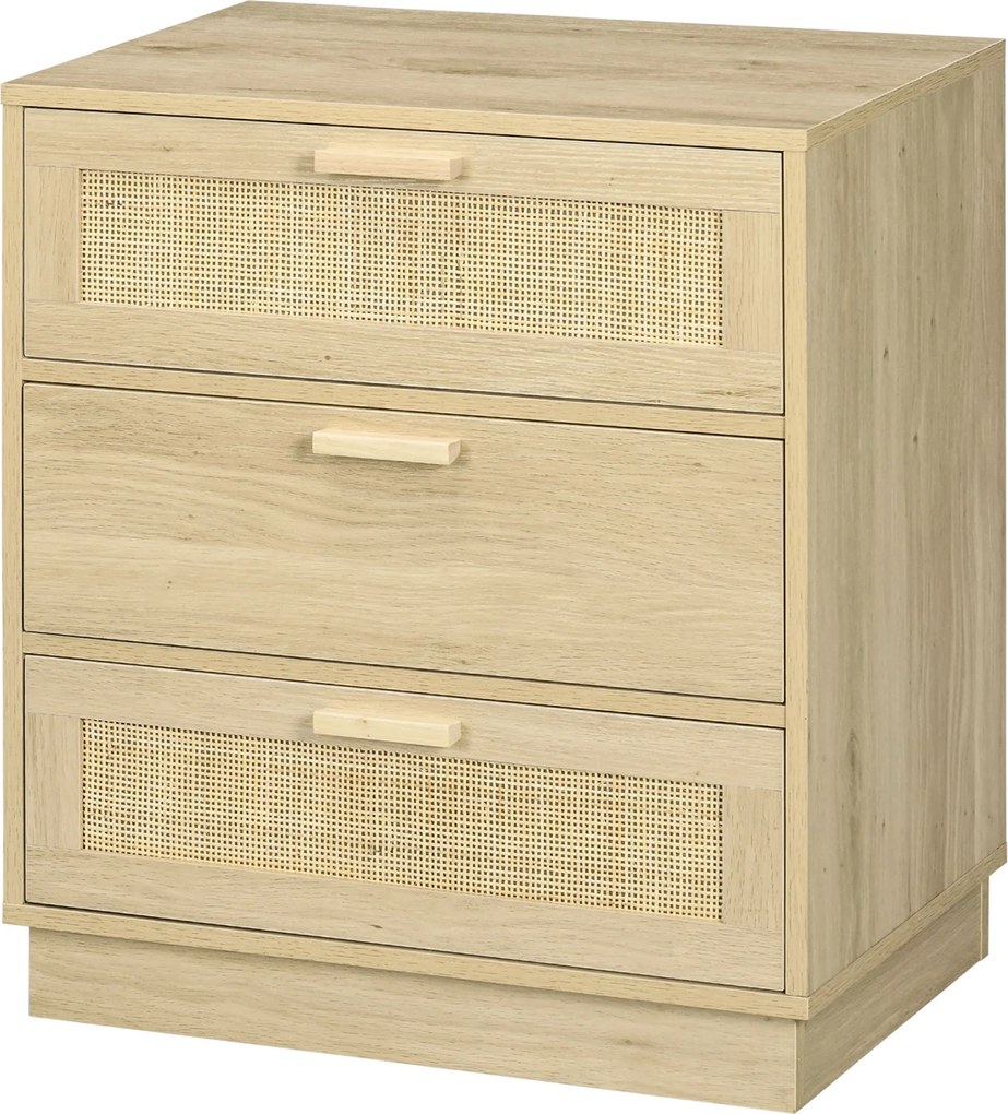 HOMCOM Éjjeli szekrény 3 Rattan Rácsos Fiókkal Fából készült Szekrény Hálószobába, Nappaliba Bohemian Stílusban 60x38x69 cm Természetes | Aosom