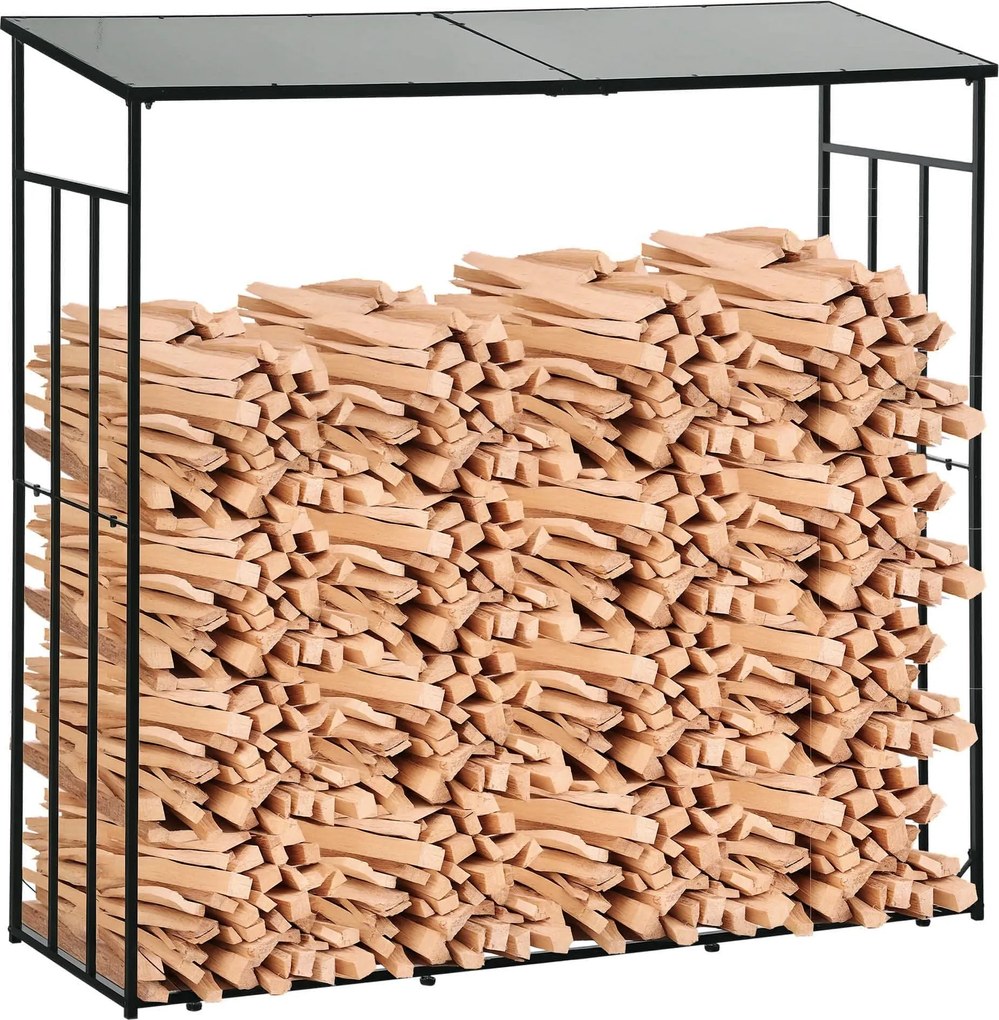 Outsunny Kültéri Fa Tároló Szerkezet Fém Kerettel és Polikarbonát Tetővel, Tűzifatartó 2100 kg Teherbírással, 185x67x185 cm, Fekete | Aosom