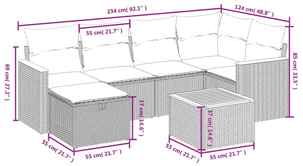 7 részes bézs polyrattan kerti ülőgarnitúra párnákkal