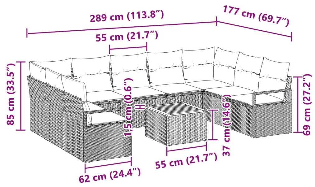 10 Darabos Kerti Sofa Szett Párnákkal Bézs Poli Rattan Akác, 2-Személyes Kerti Sofa Párnákkal Bézs Poli Rattan